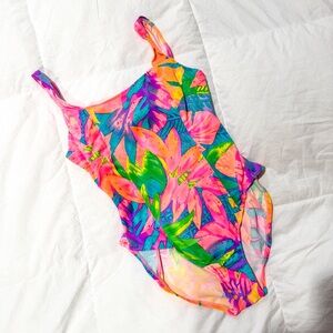 Vintage 90s Daffy Neon Tropical Floral Multicolor One Piece Swimsuit